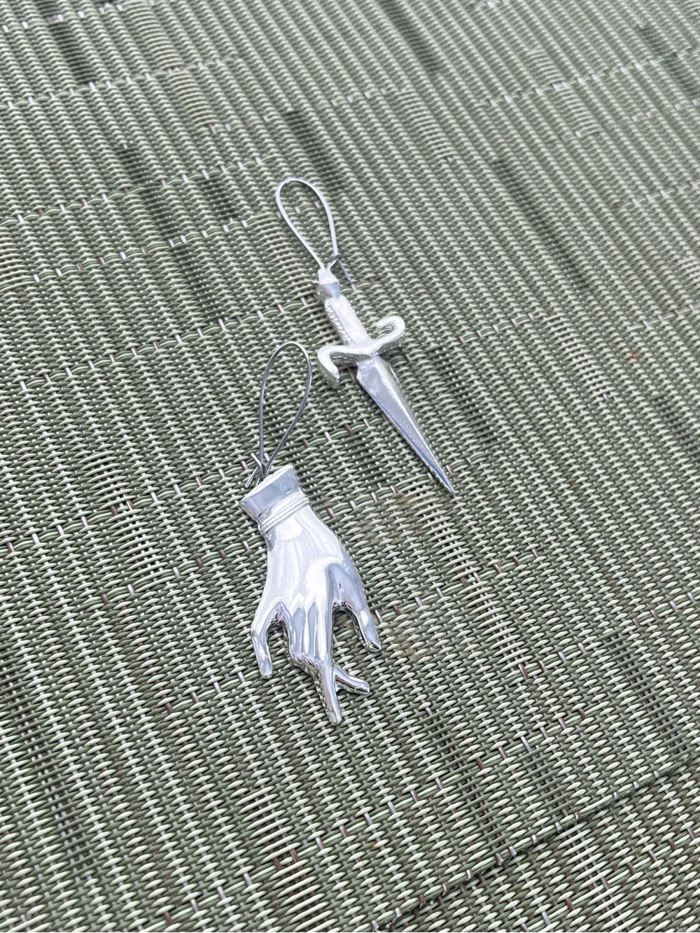 Silver Dagger Hand Charm Drop Dangle Earrings, Nickel Free & Tarnish Resistant